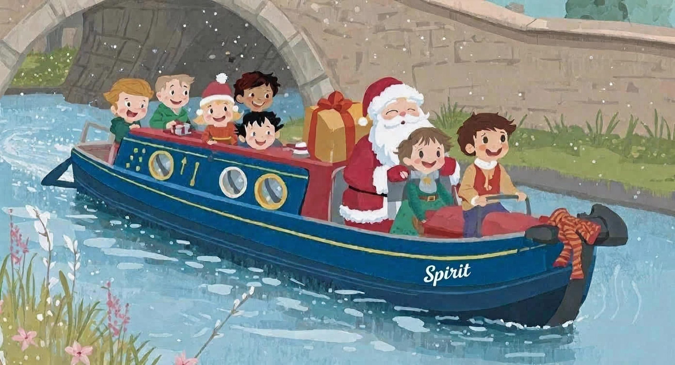 A narrowboat with Father Christmas and children aboard